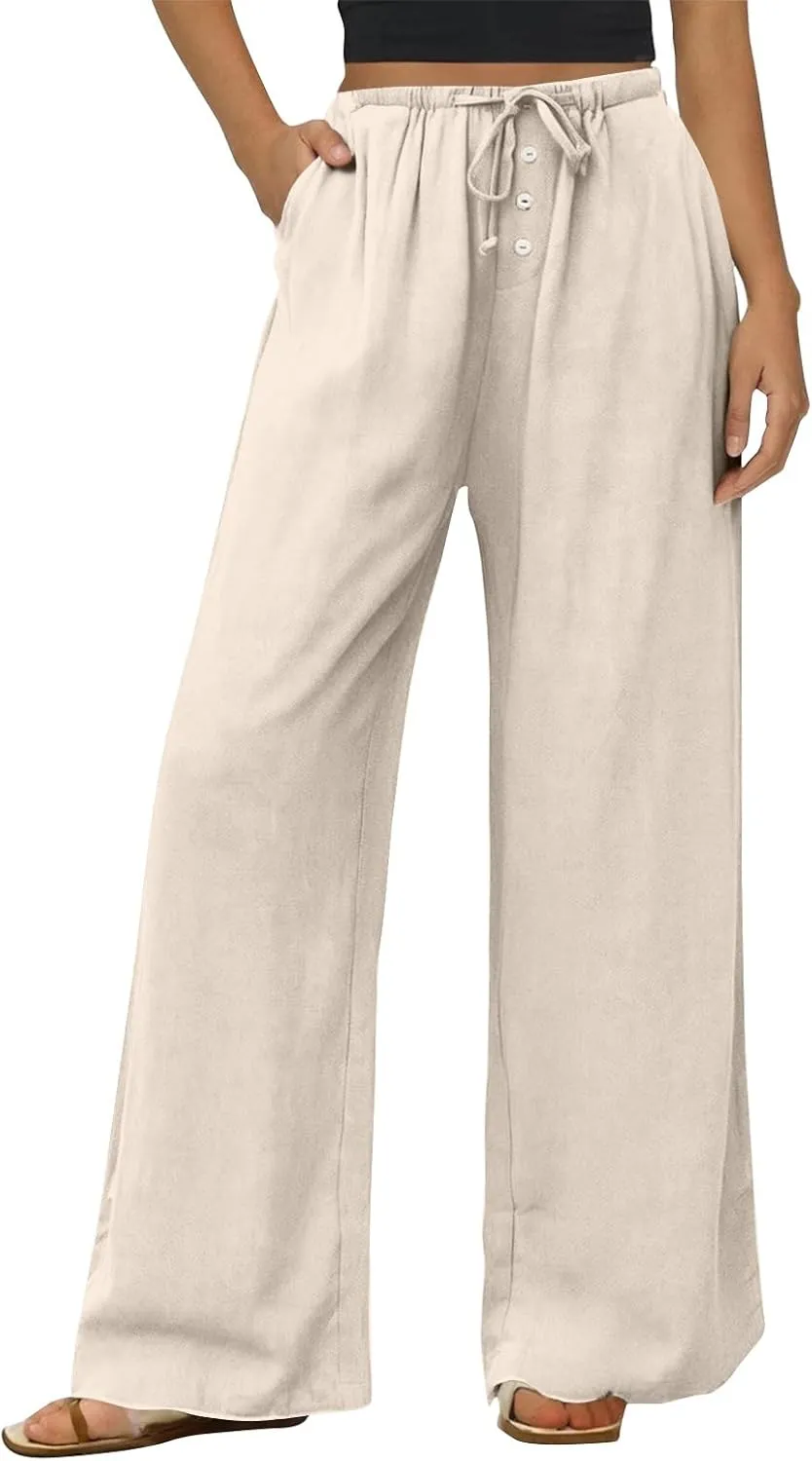 Womens Wide Leg Linen Pants Casual High Waisted Loose Palazzo Pants Summer Flowy Beach Lounge Trousers with Pockets
