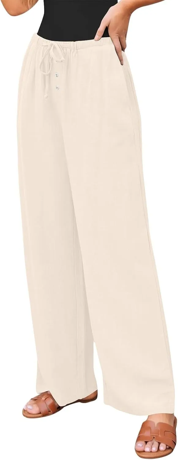 Womens Wide Leg Linen Pants Casual High Waisted Loose Palazzo Pants Summer Flowy Beach Lounge Trousers with Pockets