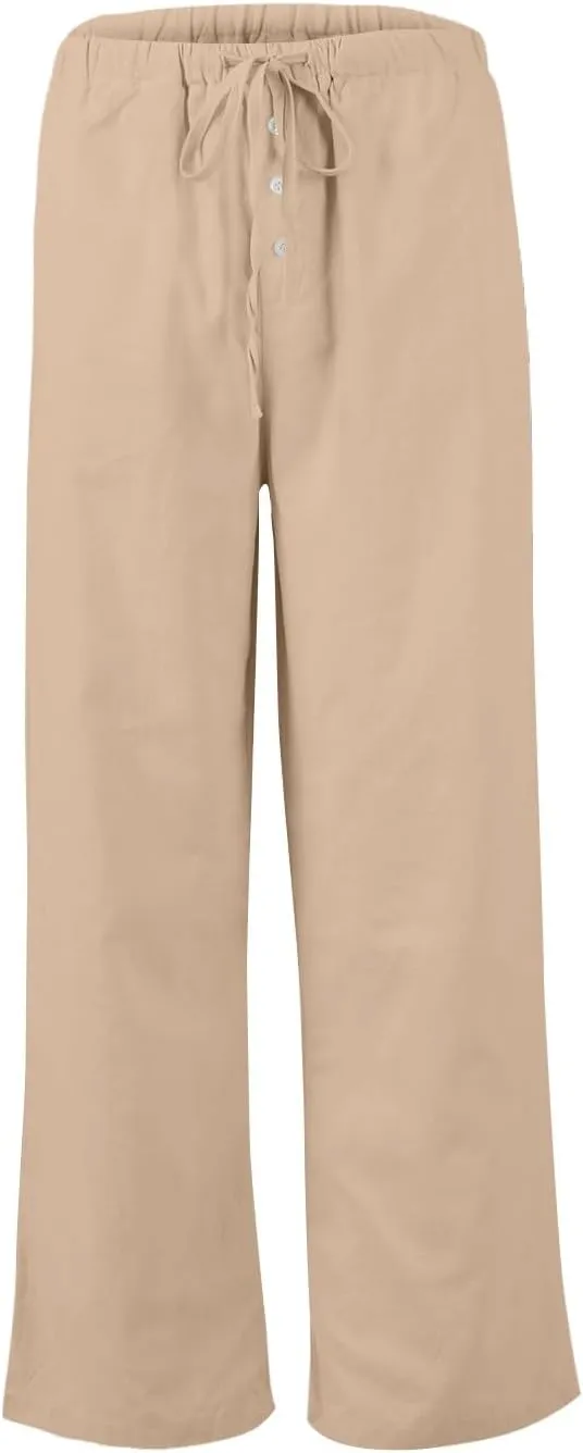 Womens Wide Leg Linen Pants Casual High Waisted Loose Palazzo Pants Summer Flowy Beach Lounge Trousers with Pockets