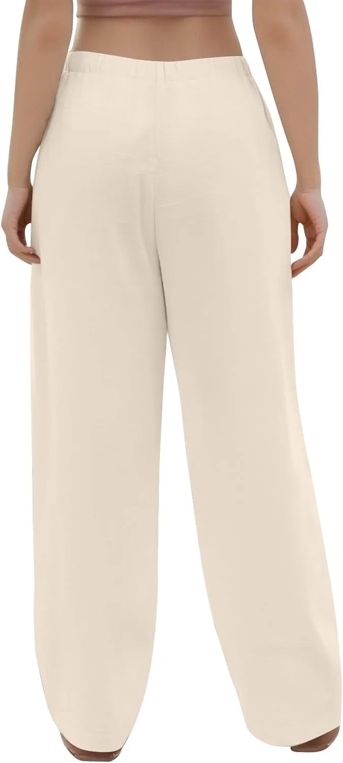 Womens Wide Leg Linen Pants Casual High Waisted Loose Palazzo Pants Summer Flowy Beach Lounge Trousers with Pockets