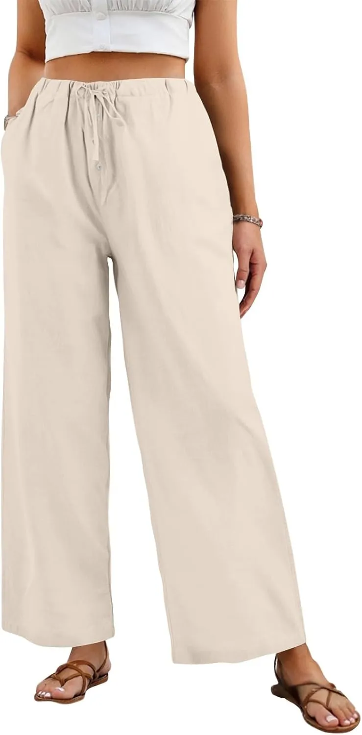 Womens Wide Leg Linen Pants Casual High Waisted Loose Palazzo Pants Summer Flowy Beach Lounge Trousers with Pockets