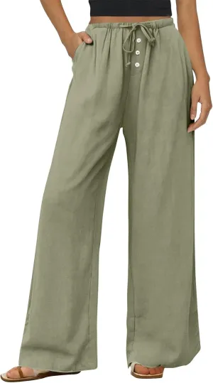 Womens Wide Leg Linen Pants Casual High Waisted Loose Palazzo Pants Summer Flowy Beach Lounge Trousers with Pockets