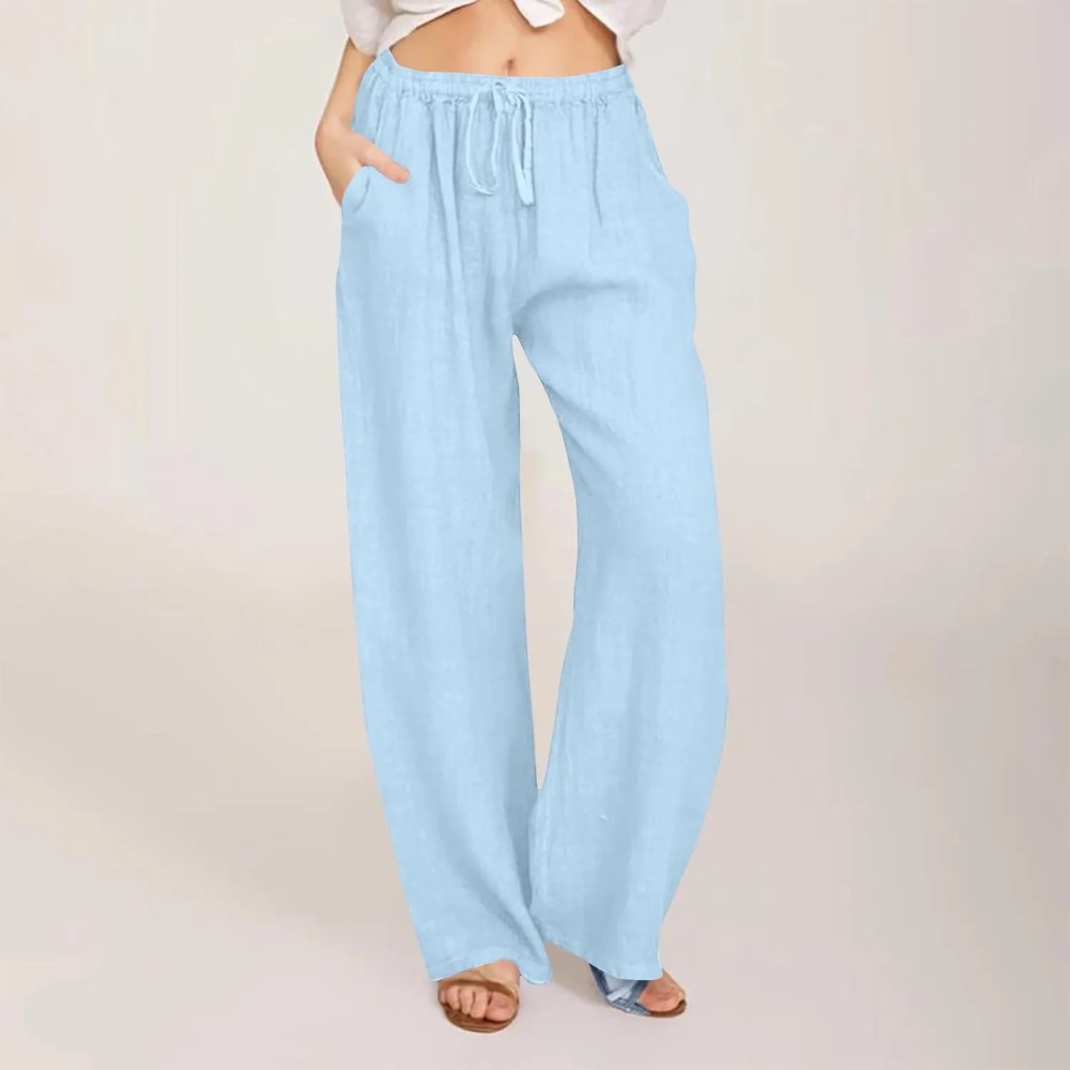 Womens Wide Leg Lounge Pants High Waisted Drawstring Casual Loose Palazzo Trousers Elastic Waist Pant with Pockets
