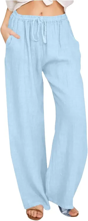 Womens Wide Leg Lounge Pants High Waisted Drawstring Casual Loose Palazzo Trousers Elastic Waist Pant with Pockets