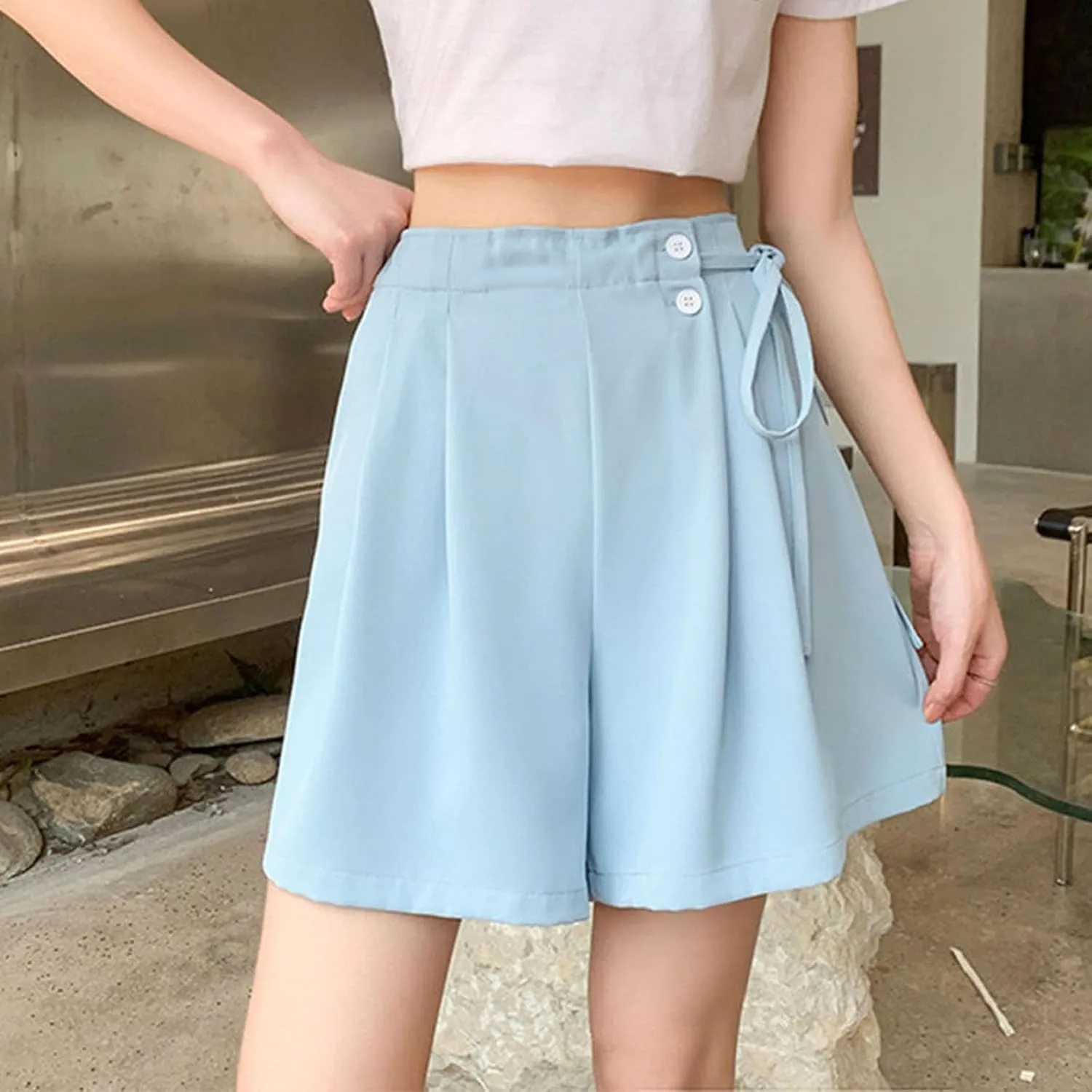 Womens Workout Shorts Dressy Casual High Waisted Wide Leg Loose Short Pants Side Drawstring Beach Shorts with Pockets