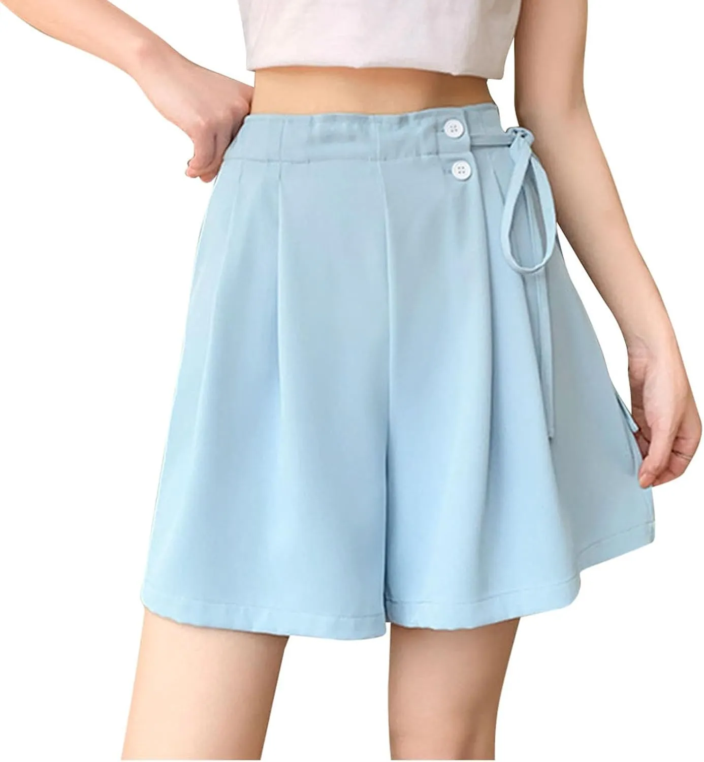 Womens Workout Shorts Dressy Casual High Waisted Wide Leg Loose Short Pants Side Drawstring Beach Shorts with Pockets