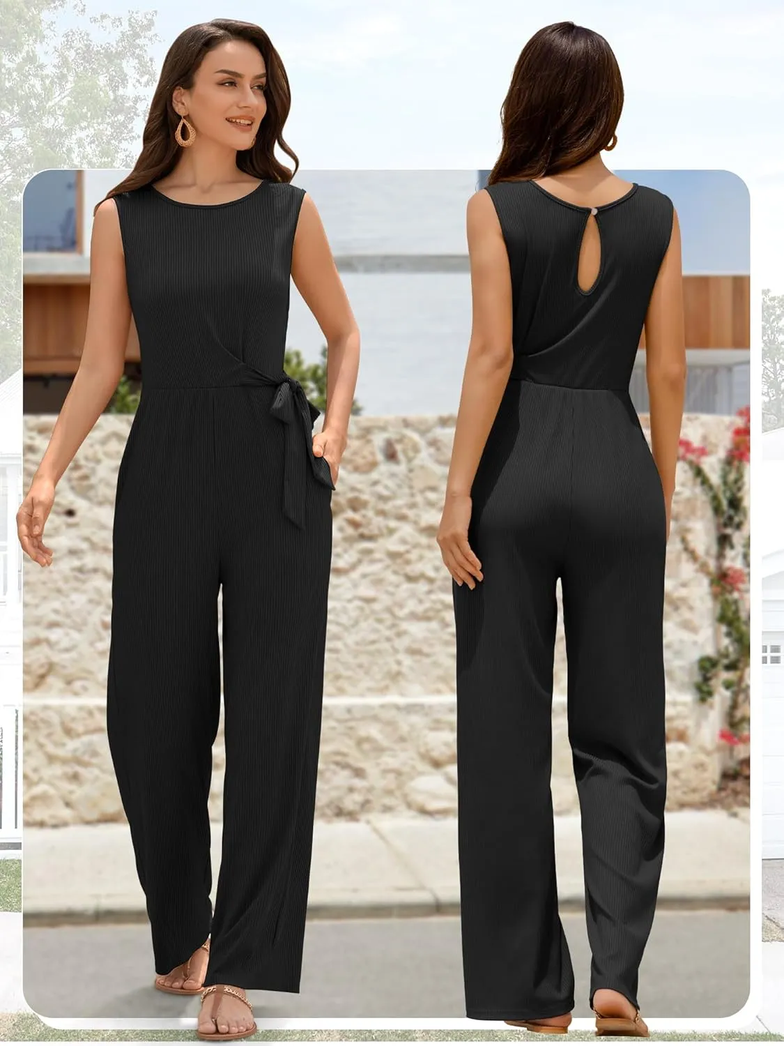 ZAFUL Women's 2025 Summer Dressy Jumpsuits Casual One Piece Outfits Pockets Belt Bow Sleeveless Long Wide Leg Pants Rompers