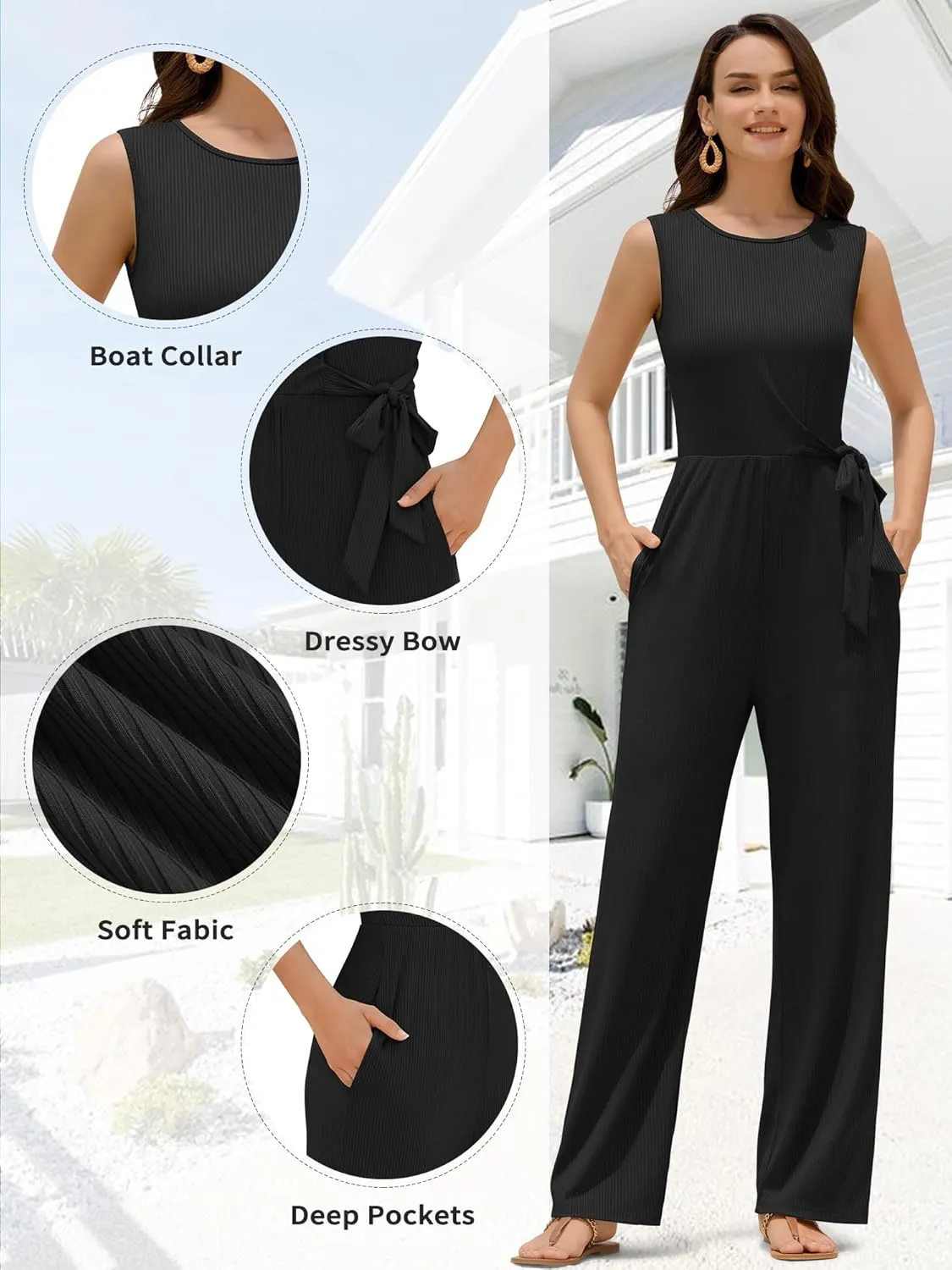 ZAFUL Women's 2025 Summer Dressy Jumpsuits Casual One Piece Outfits Pockets Belt Bow Sleeveless Long Wide Leg Pants Rompers