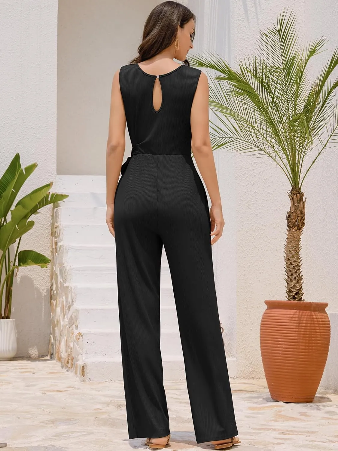 ZAFUL Women's 2025 Summer Dressy Jumpsuits Casual One Piece Outfits Pockets Belt Bow Sleeveless Long Wide Leg Pants Rompers