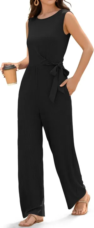 ZAFUL Women's 2025 Summer Dressy Jumpsuits Casual One Piece Outfits Pockets Belt Bow Sleeveless Long Wide Leg Pants Rompers