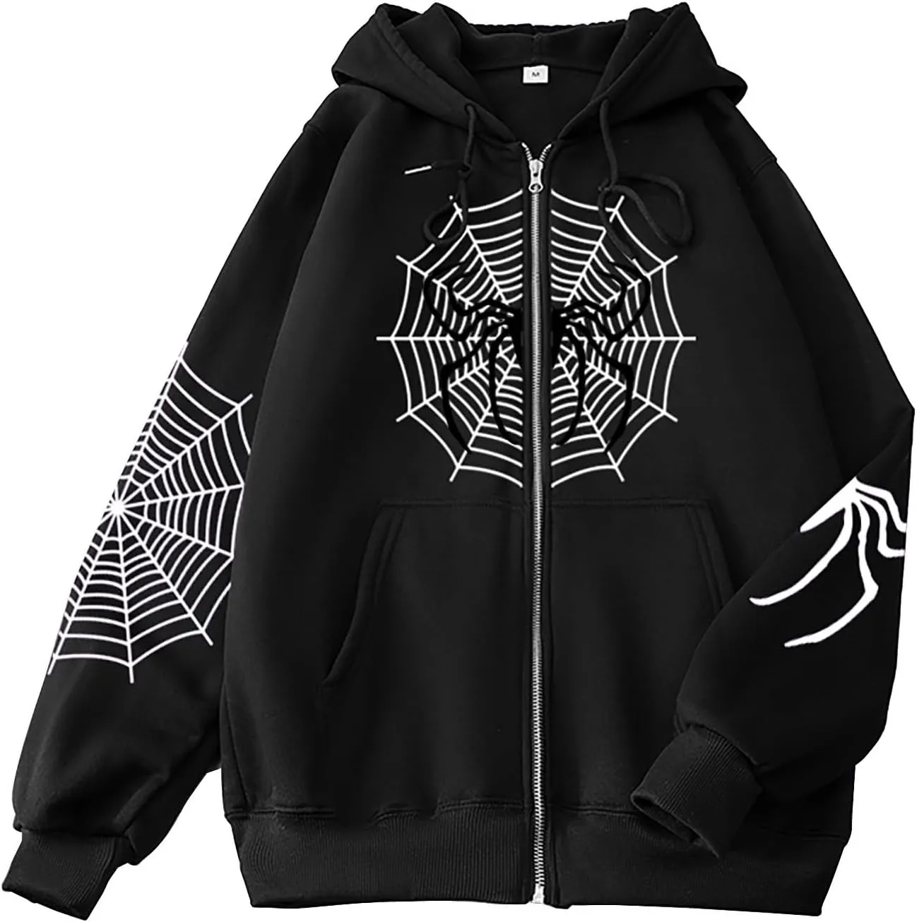 Zip Up Hoodie Women Spider Web Heart Print Graphic Sweatshirts Loose Casual Long Sleeve Hooded Jacket Top with Pocket