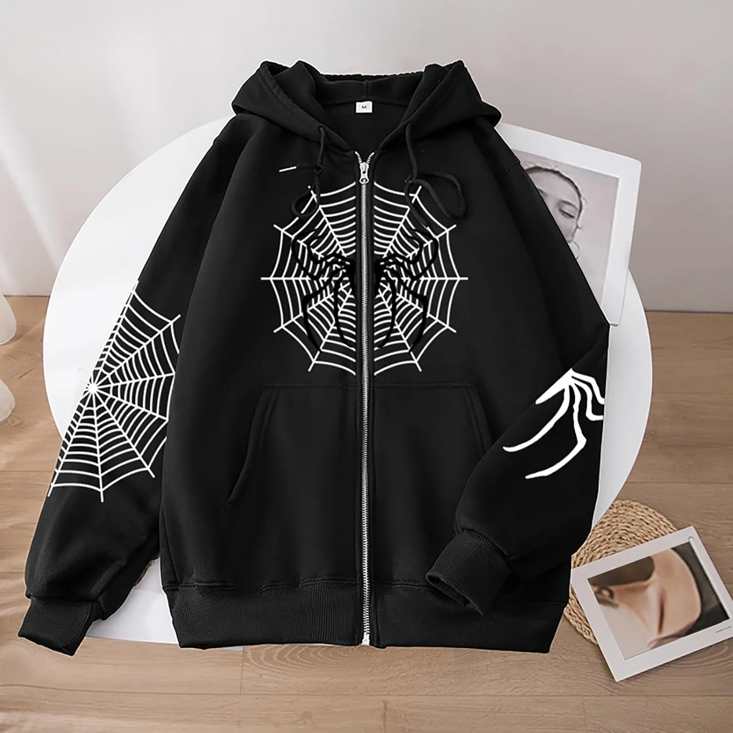 Zip Up Hoodie Women Spider Web Heart Print Graphic Sweatshirts Loose Casual Long Sleeve Hooded Jacket Top with Pocket