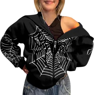Zip Up Hoodie Women Spider Web Heart Print Graphic Sweatshirts Loose Casual Long Sleeve Hooded Jacket Top with Pocket
