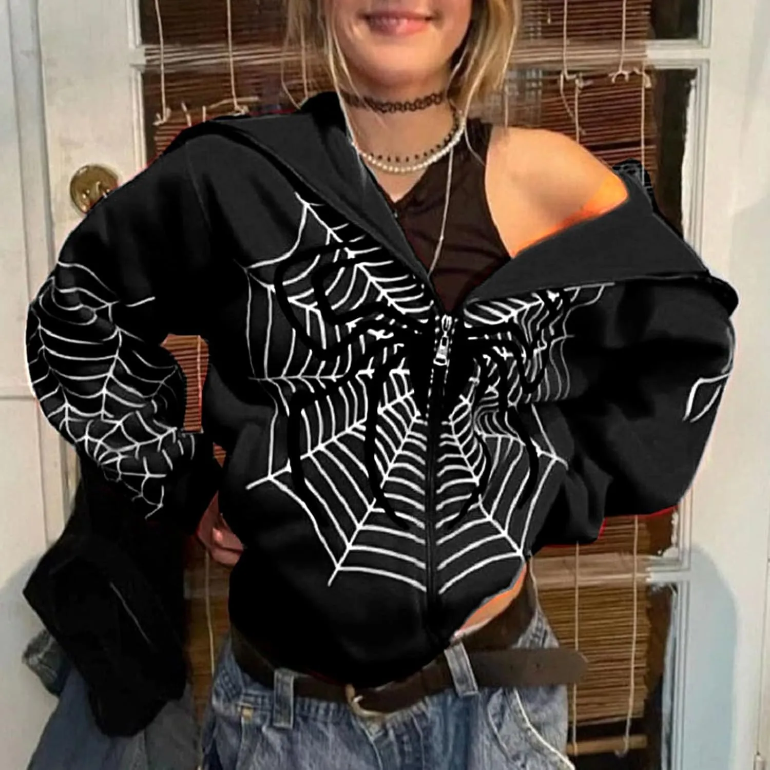 Zip Up Hoodie Women Spider Web Heart Print Graphic Sweatshirts Loose Casual Long Sleeve Hooded Jacket Top with Pocket